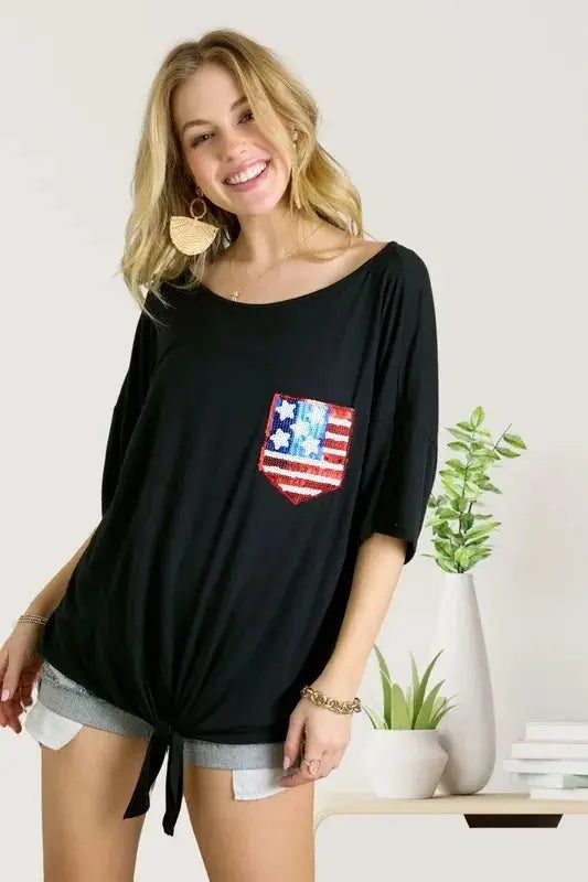 ADORA Sequin US Flag Pocketed Top for Patriotic Style - Love Salve 