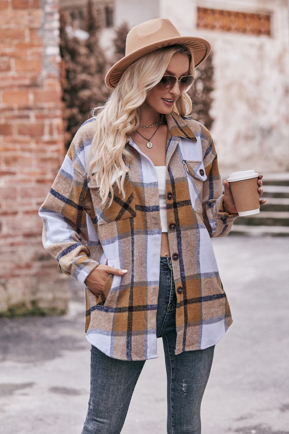 Plaid Long Sleeve Shirt Jacket with Pockets.