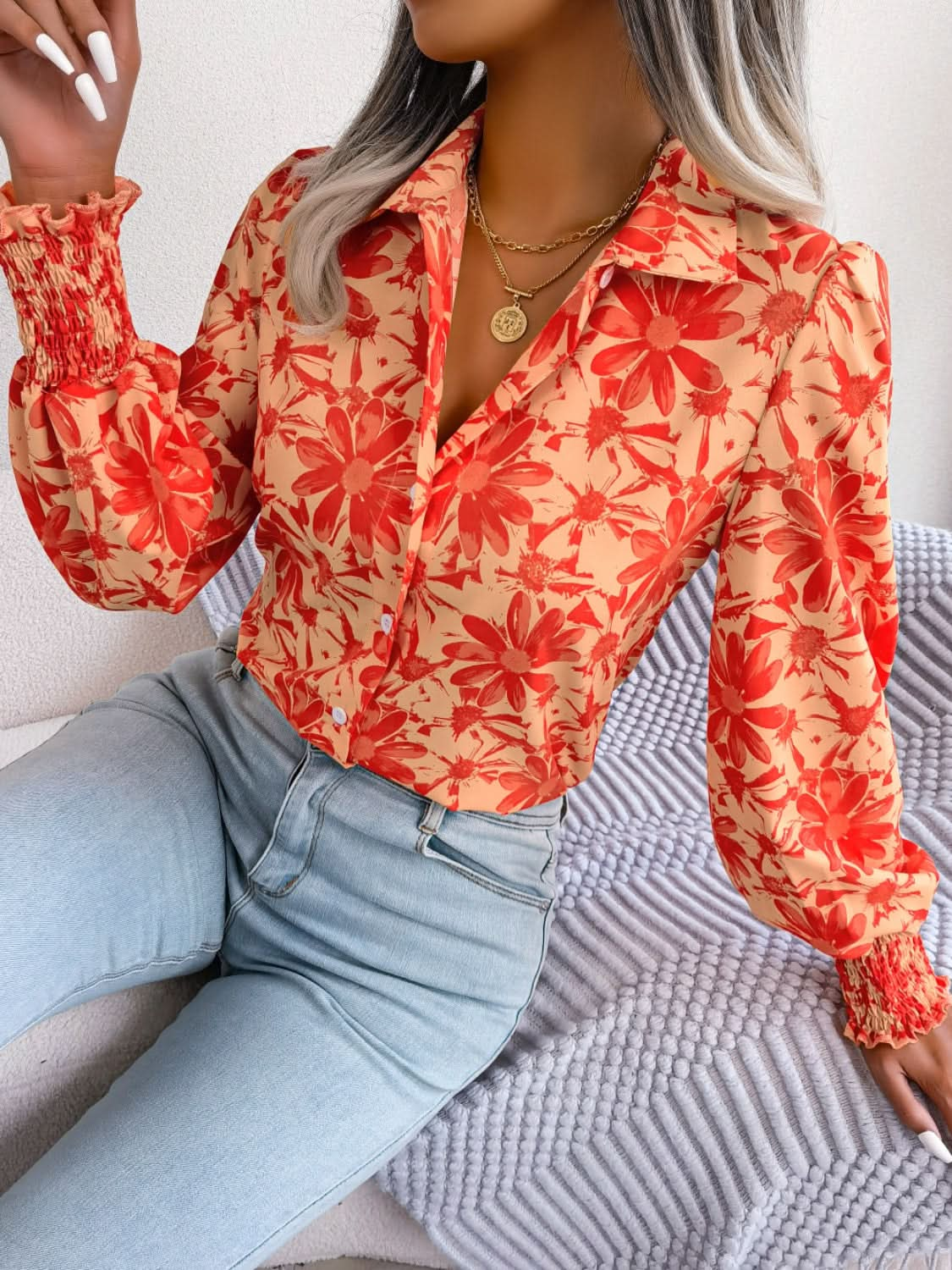 Floral Collared Neck Long Sleeve Shirt