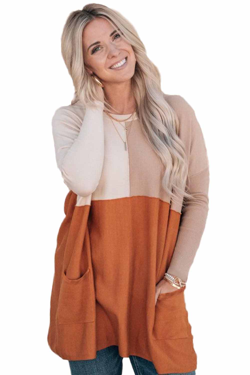 Colorful patchwork long sleeve top with pockets