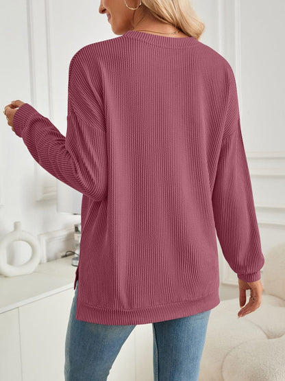 Slit Round Neck Long Sleeve Sweatshirt.