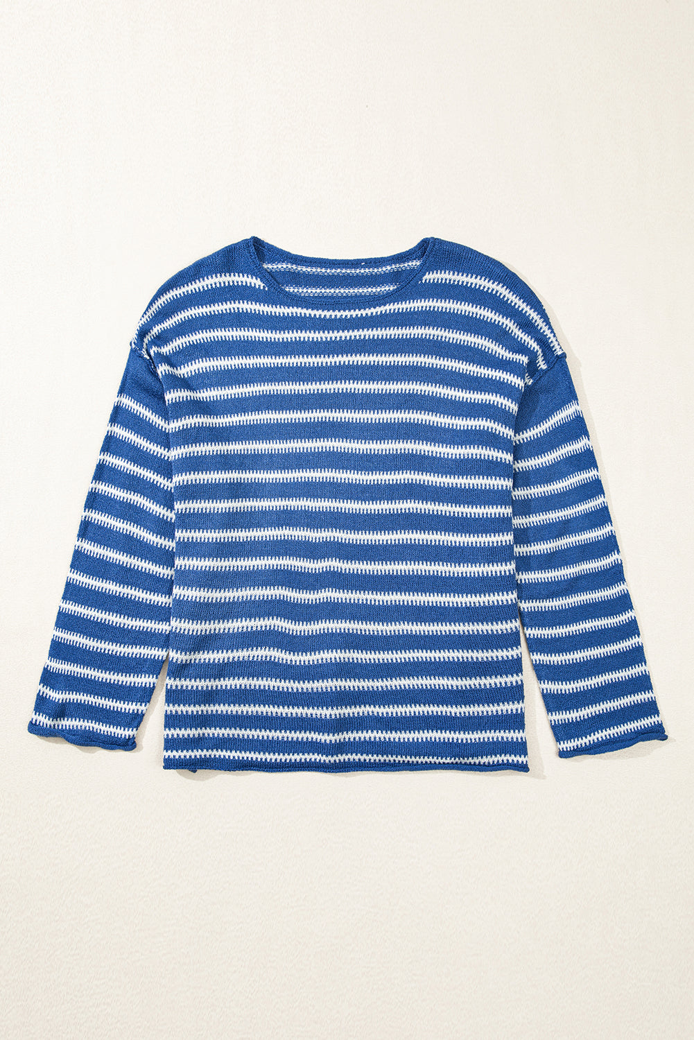 Chic sky blue striped plus size sweater with drop shoulder design