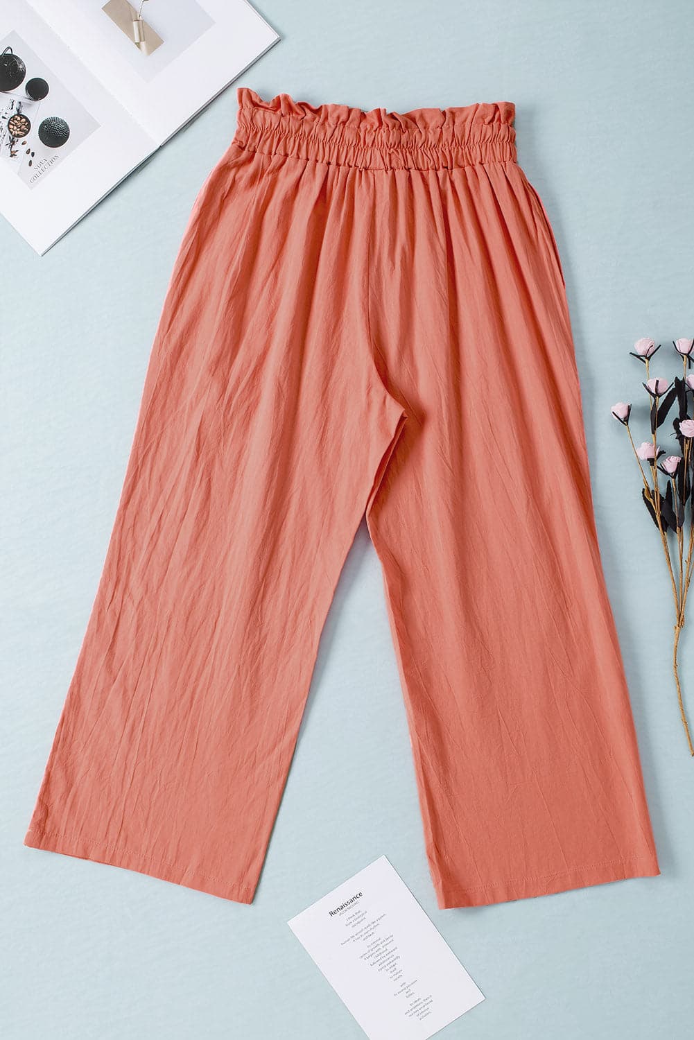 Drawstring Paperbag Waist Wide Leg Pants.