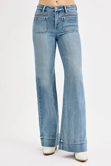 Risen Full Size High Rise Wide Flare Patch Pocket Jeans Plus Size - Love Salve 