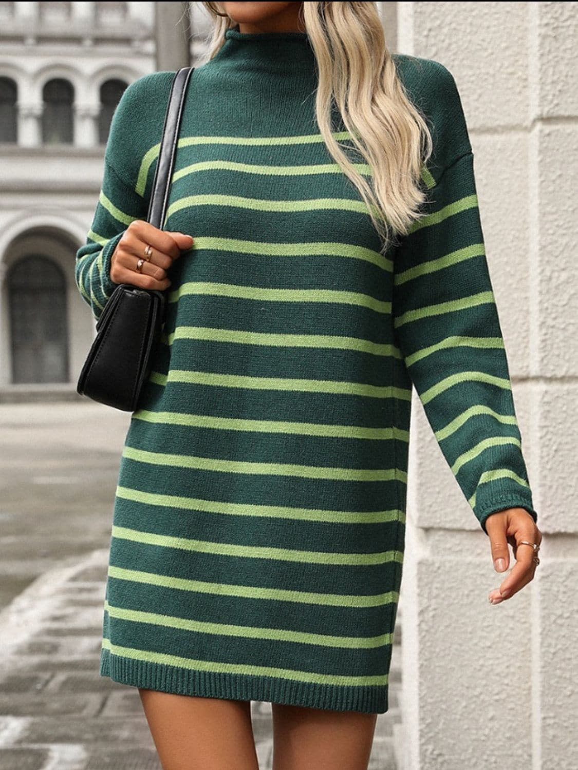 Striped Mock Neck Long Sleeve Mini Dress.