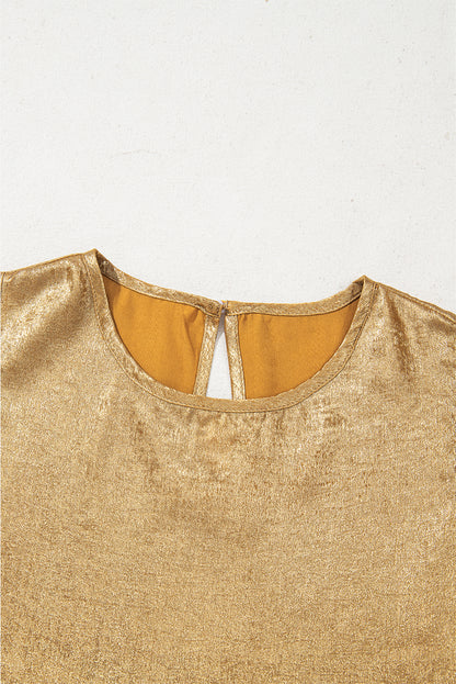 Gold Metal Textured Round Neck Casual Tank Top for Women