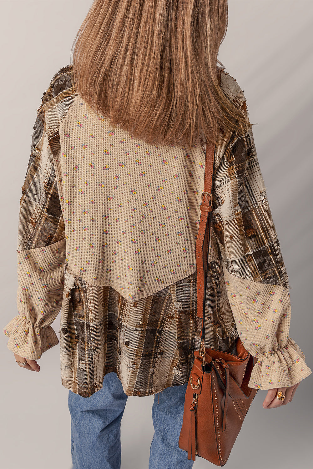 Oatmeal Boho Floral Plaid Patchwork Shacket With Distressed Details And Ruffled Sleeves In Waffle Knit Dear-Lover Dropshipping