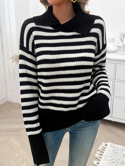 Striped Collared Neck Long Sleeve Sweater.