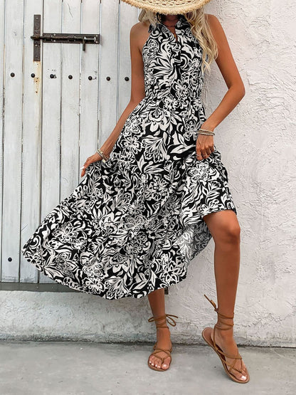 Backless Smocked Printed Sleeveless Midi Dress.