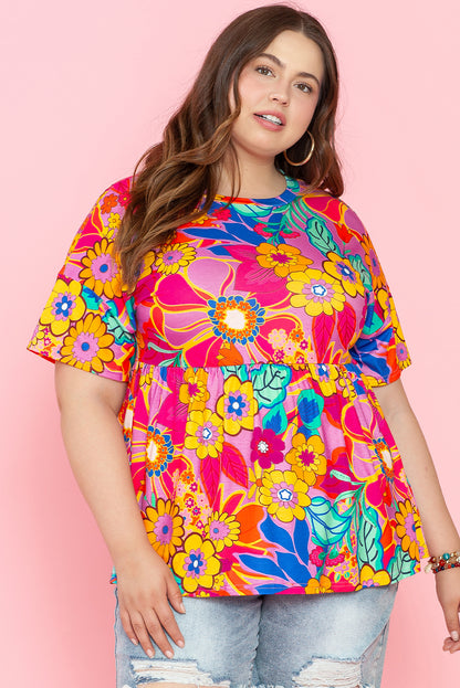 Chic pink floral babydoll blouse in plus sizes with short sleeves