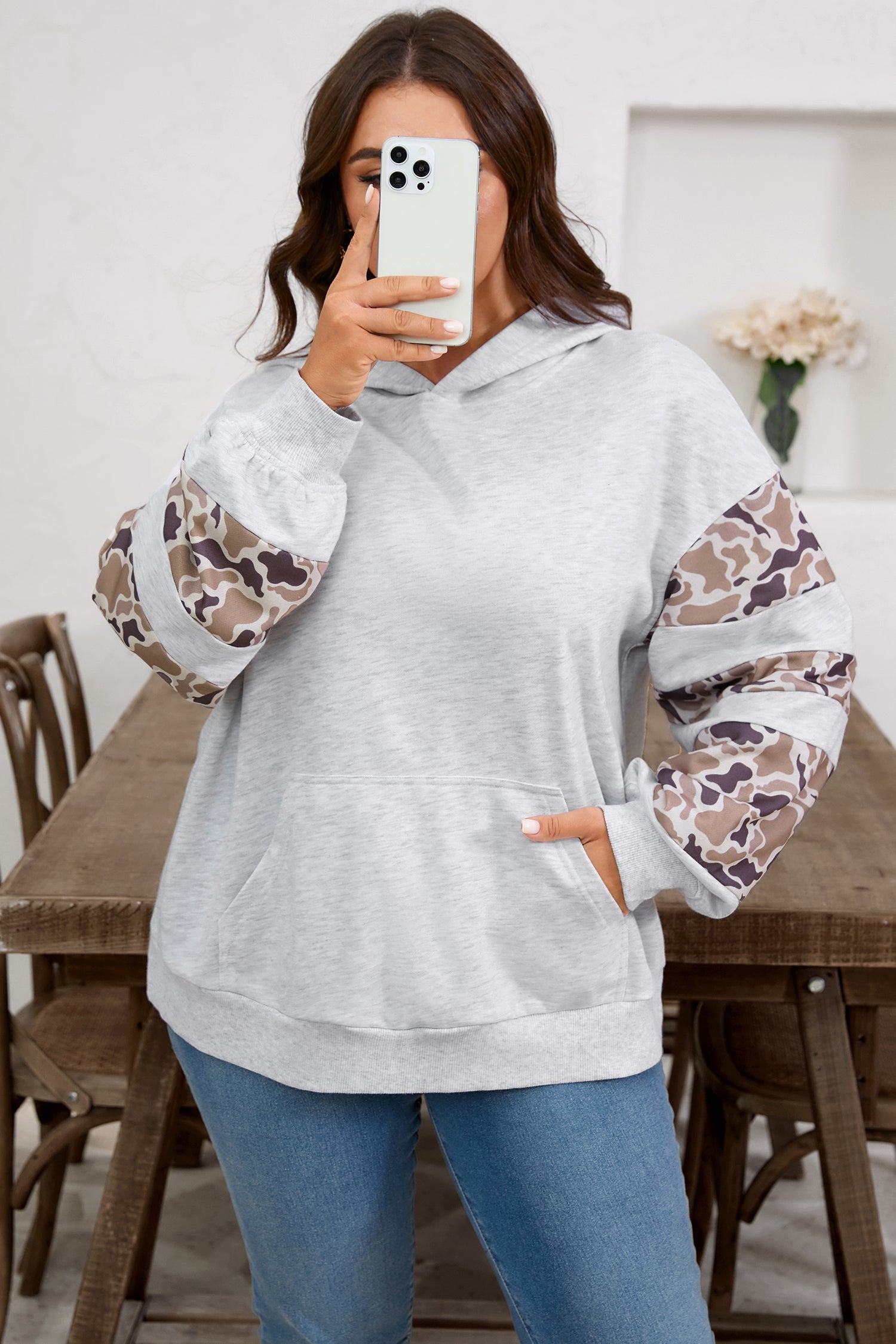 Dear-Lover Grey Camo Patchwork Women's Plus Size Hoodie Casual Fall Style Dear-Lover Dropshipping