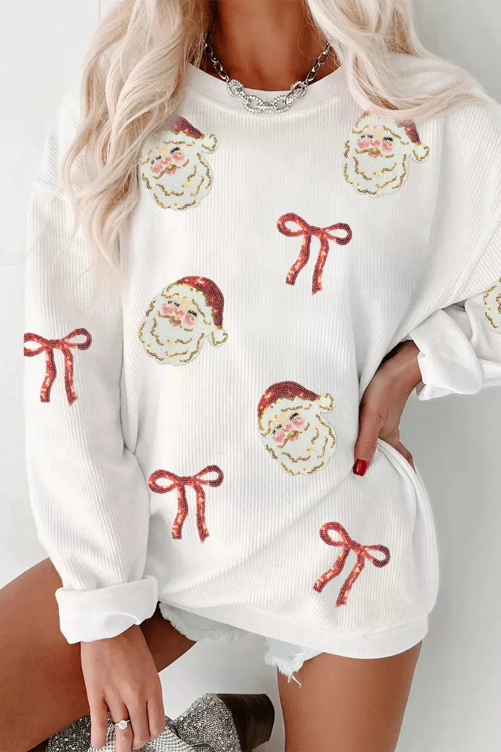 Full Size Corded Rib Sequin Santa Bow Patched Drop Shoulder Sweatshirt Plus Size Simply Love
