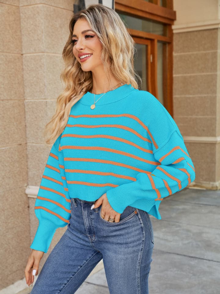 Round Neck Striped Lantern Sleeve Sweater.