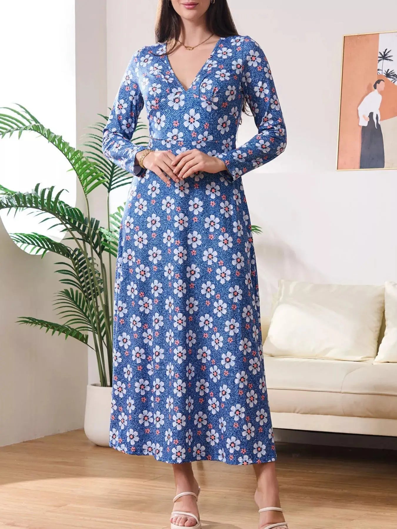 Floral Print V-Neck Long Sleeve Midi Dress Simply Love