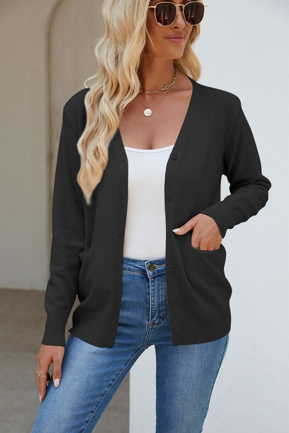 Vibrant V-Neck Button-Up Cardigan with Pockets