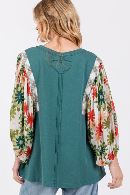 SAGE + FIG Full Size Printed Balloon Sleeve Contrast Top.