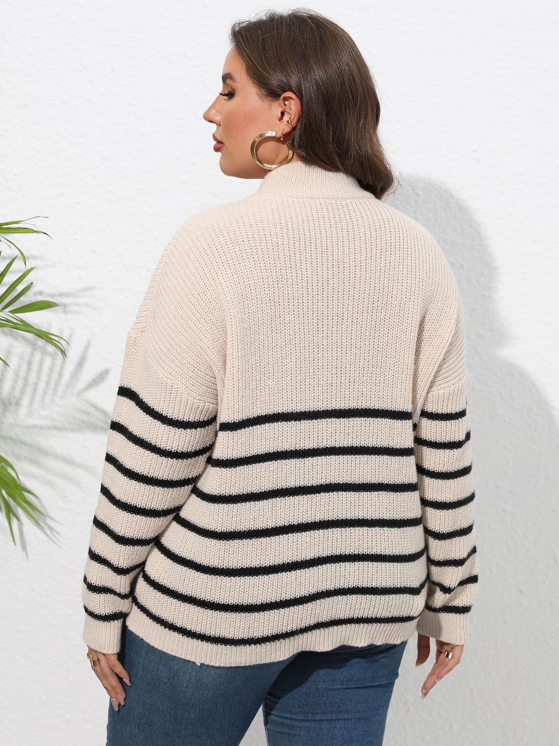 Plus Size Zip-Up Striped Sweater.