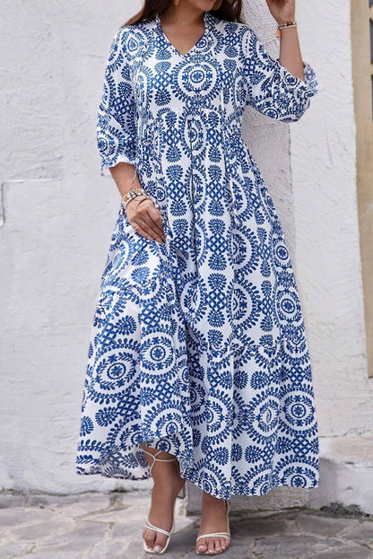 Sky blue geometric lace-up maxi dress with notch neck for plus sizes