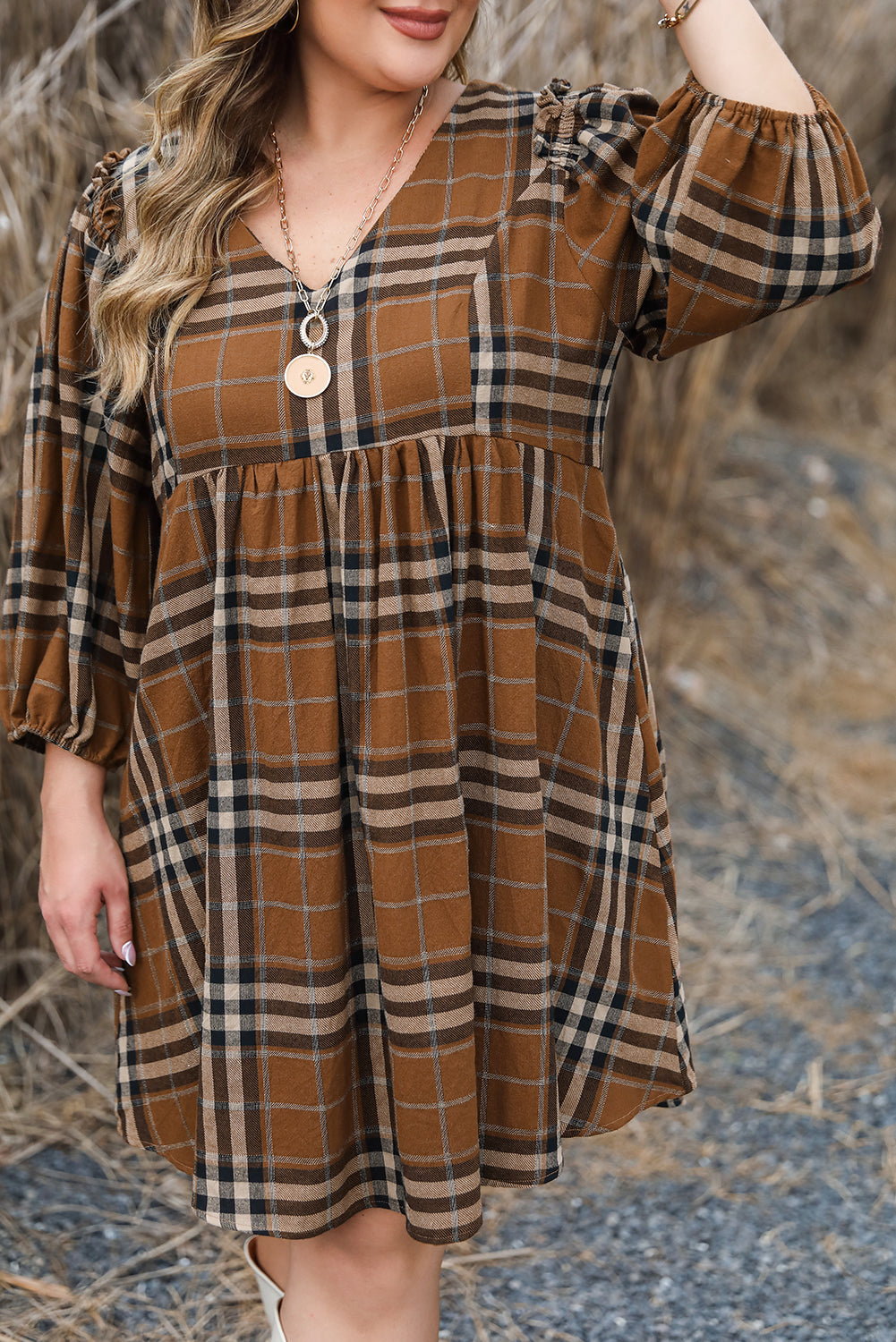 Chic brown plaid plus size babydoll dress with frilled sleeves