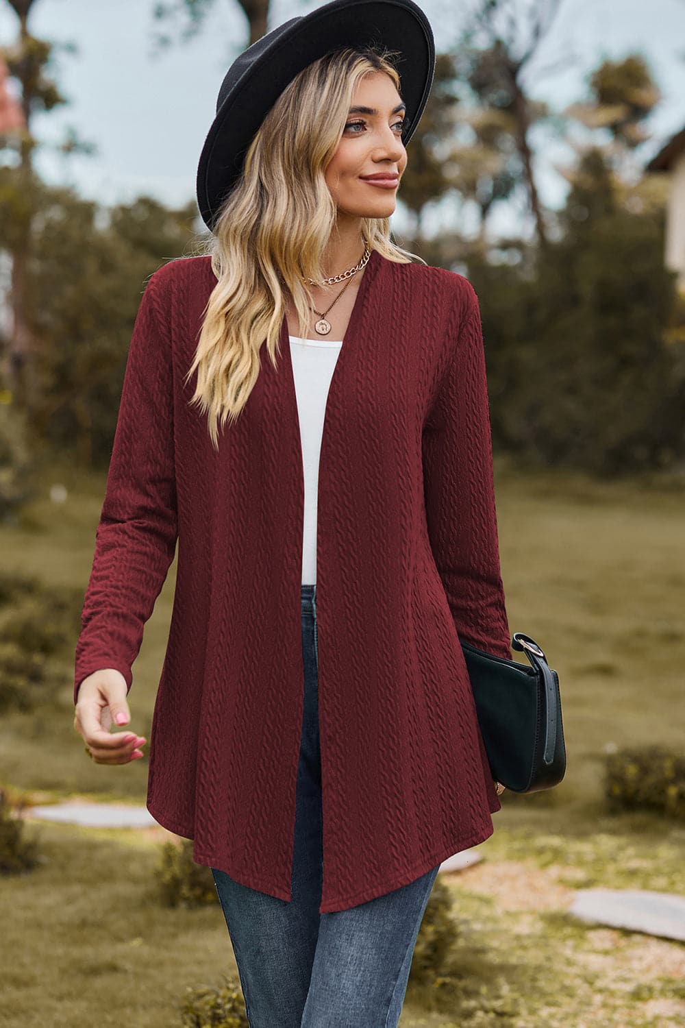 Textured Open Front Long Sleeve Cardigan.