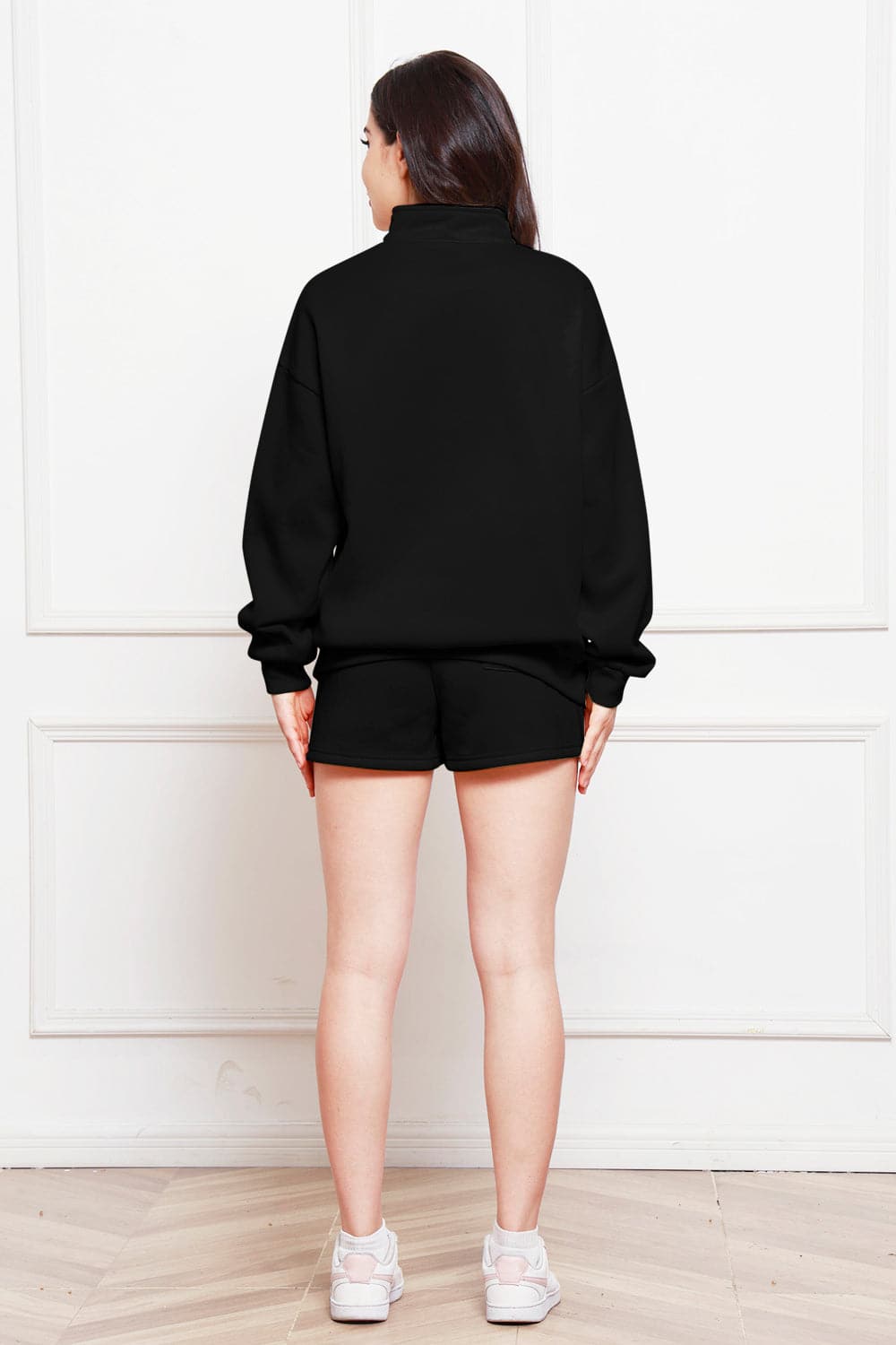 Half Zip Long Sleeve Sweatshirt and Drawstring Shorts Set.