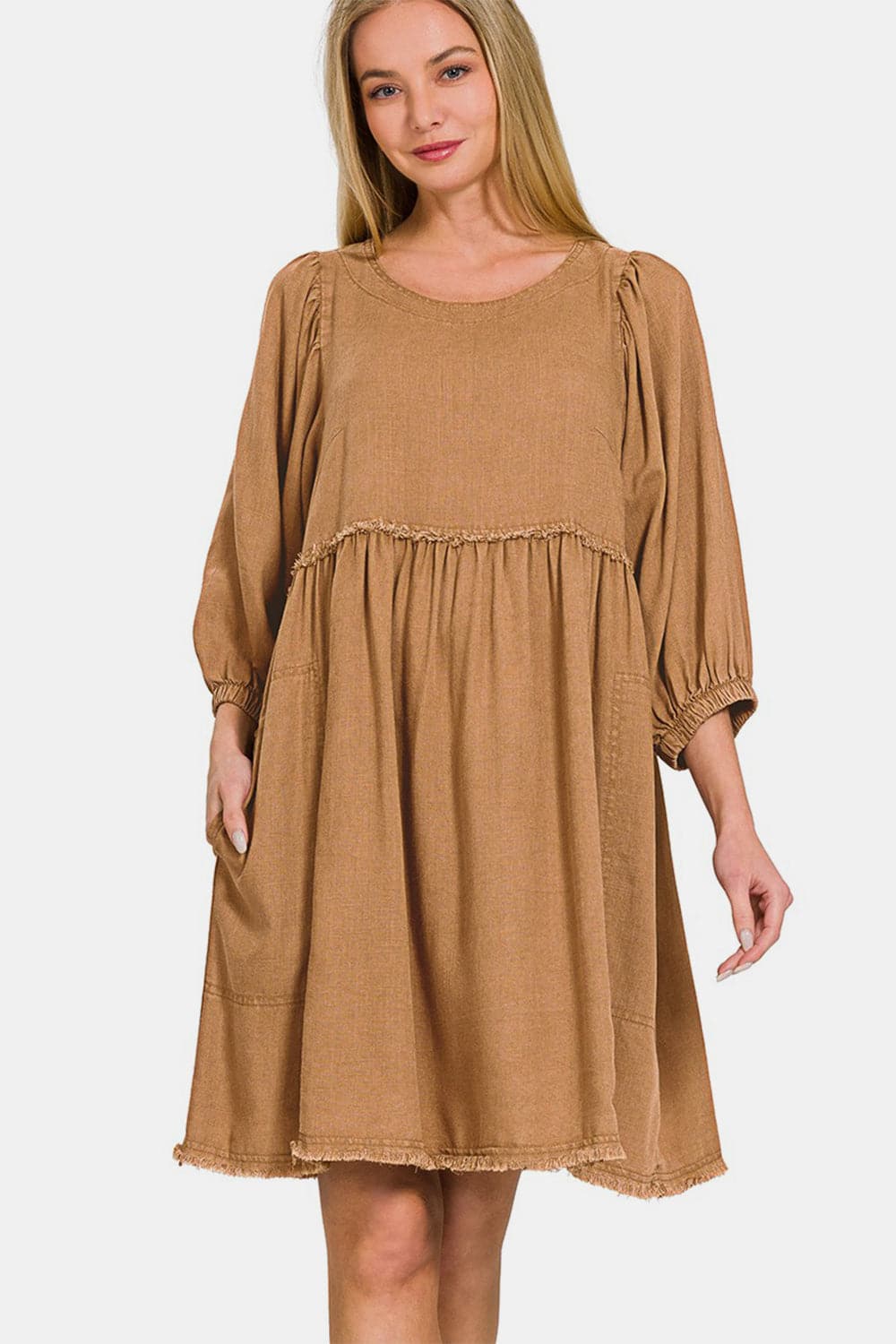 Zenana Washed Linen Pleated Puff Sleeve Babydoll Dress.