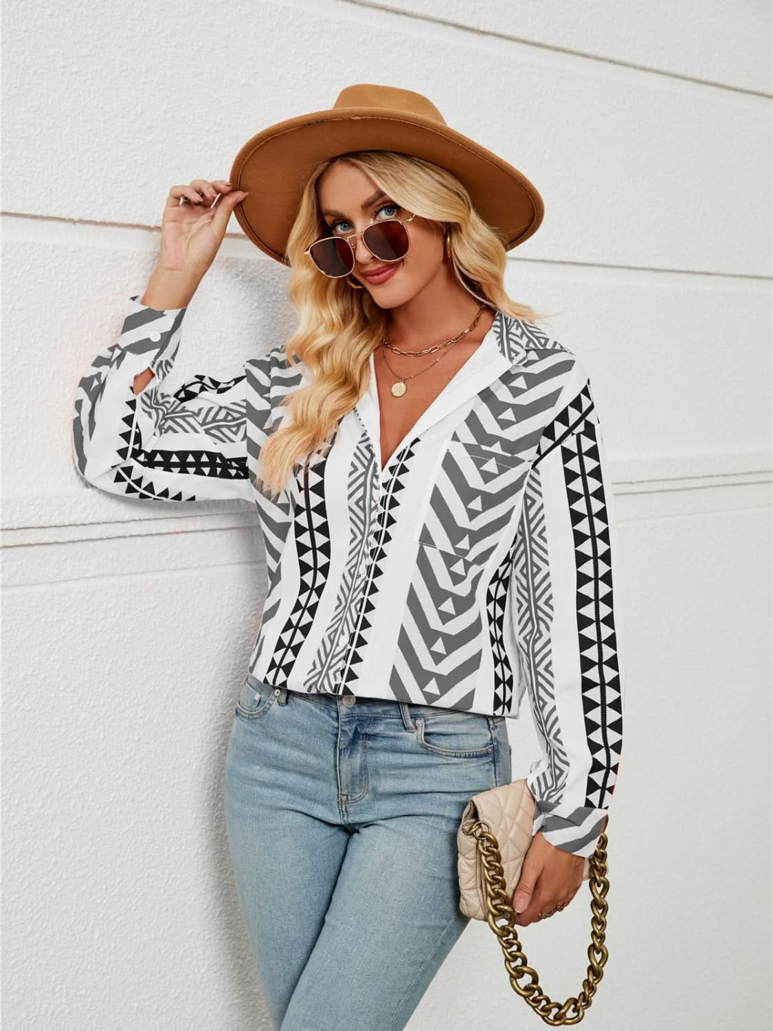 Geometric Collared Long Sleeve Button-Up Shirt