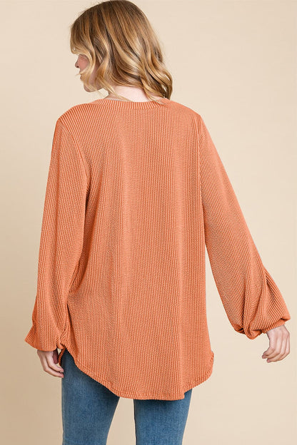 BOMBOM Long Sleeve Curved Hem Ribbed T-Shirt.