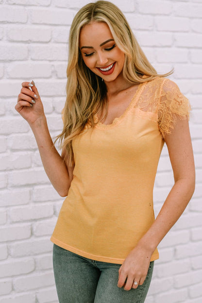 Scoop Neck Lace Short Sleeve T-Shirt.