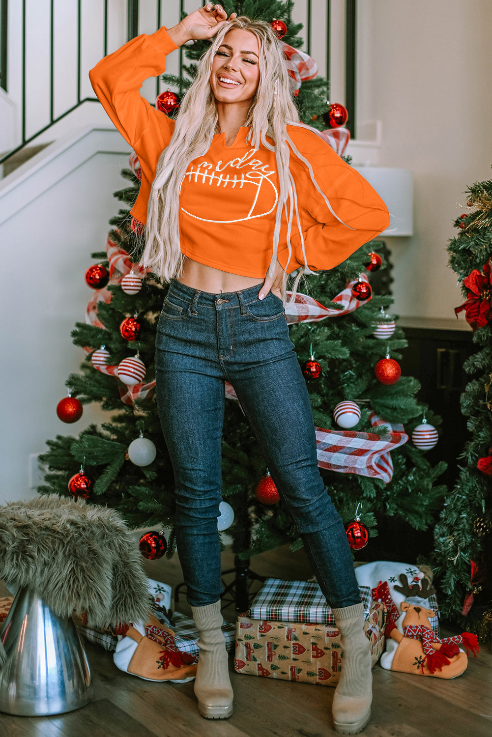 Cheer on game day with our stylish orange rugby sweatshirt