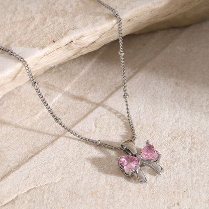 Elegant zircon and stainless steel bow necklace