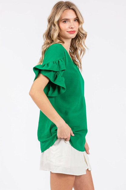 GeeGee Ruffled Short Sleeve V-Neck Blouse.