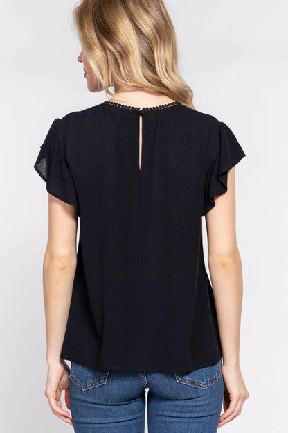 ACTIVE BASIC Ruffle Short Sleeve Crochet Blouse.