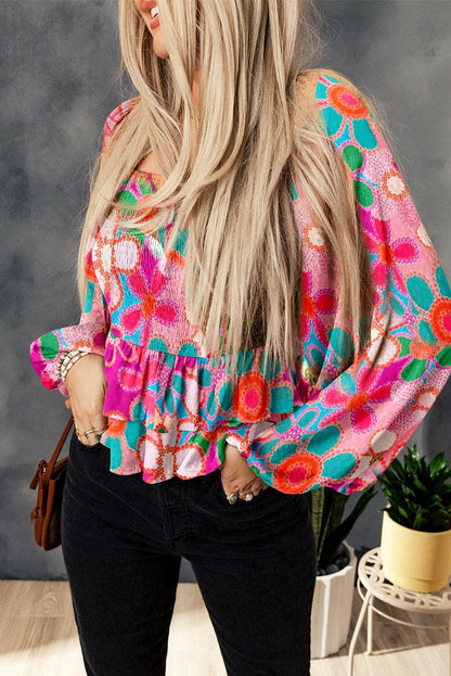 Floral Smocked Ruffled Balloon Sleeve Blouse.