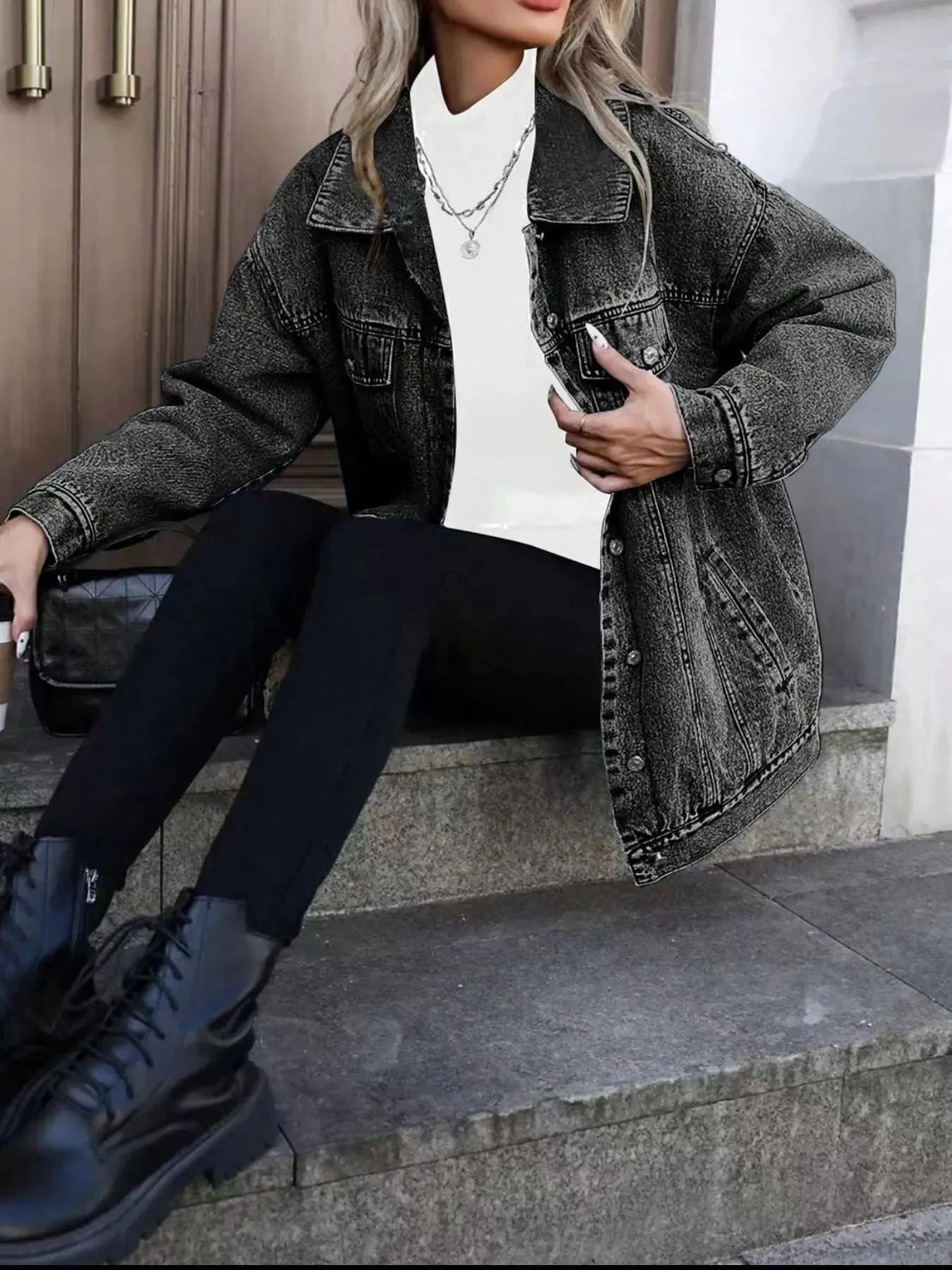 Washed Oversized Denim Jacket With Button Front And Pockets Simply Love