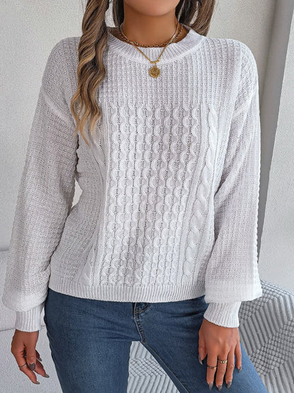 Cable-Knit Round Neck Long Sleeve Sweater.