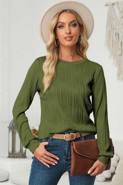 Textured Round Neck Long Sleeve Blouse.