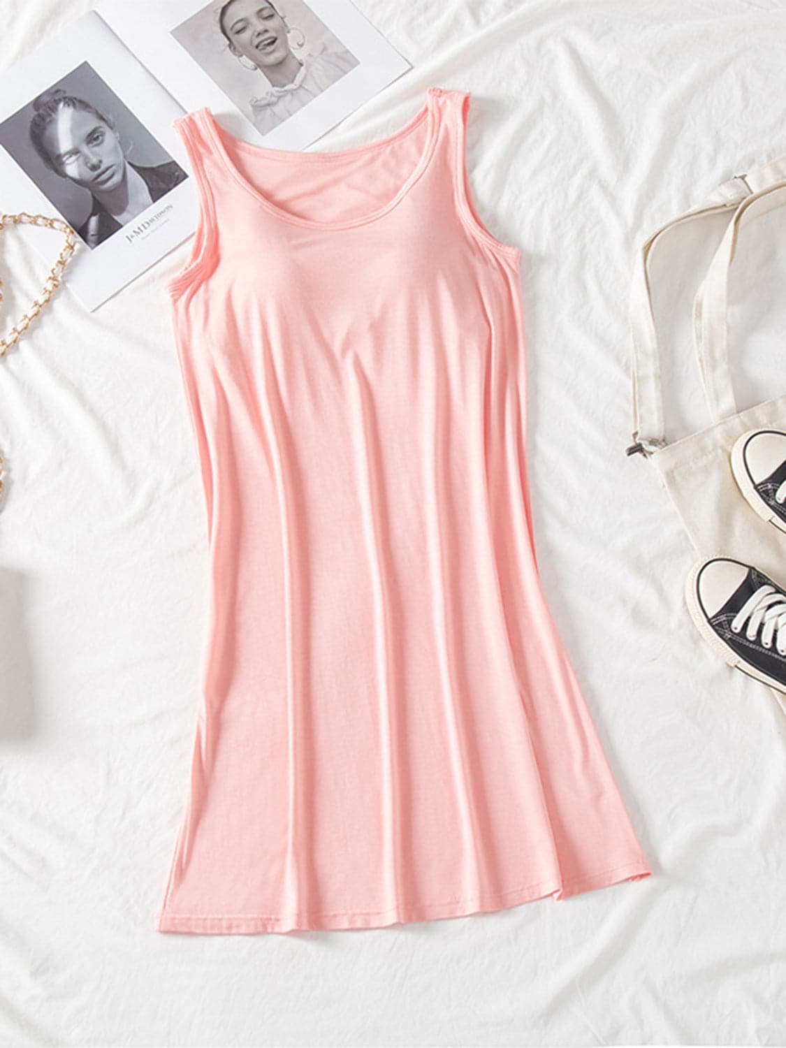 Round Neck Wide Strap Mini Tank Dress with Bra.