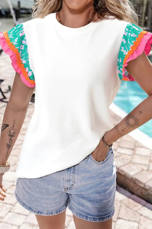 Ruffled Round Neck Cap Sleeve Top Simply Love