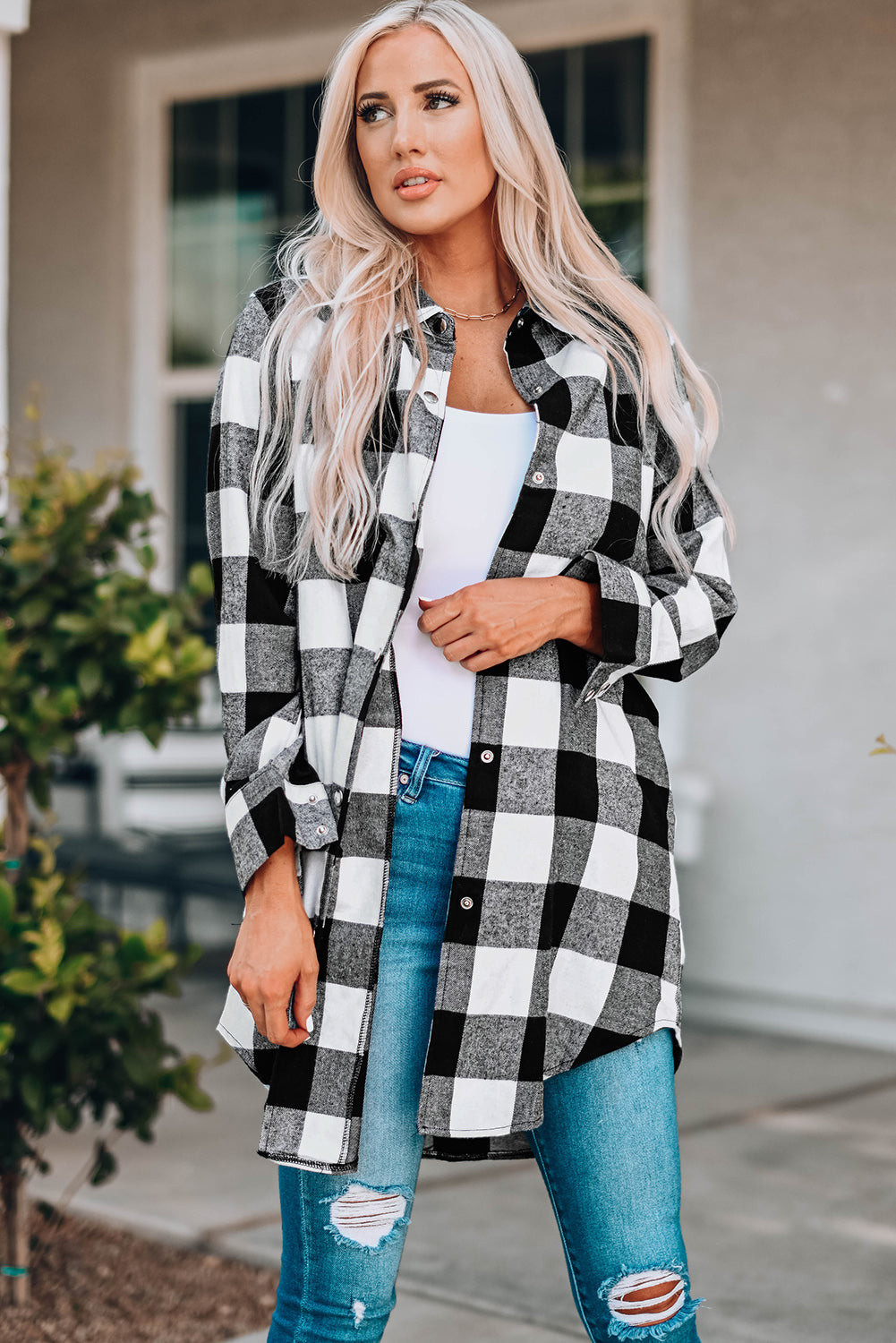 Black Turn-down Collar Plaid Shirt Coat