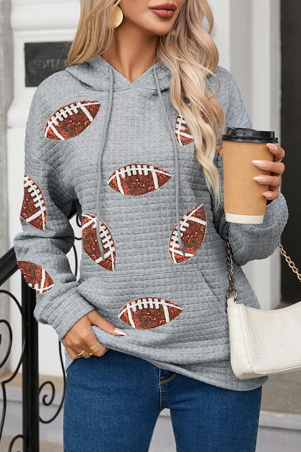 Drawstring Football Long Sleeve Hoodie.