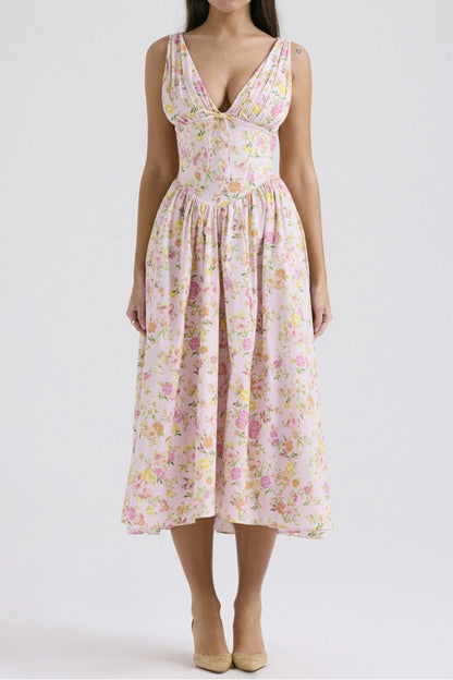 Garden Muse V-Neck Midi Dress with Pockets