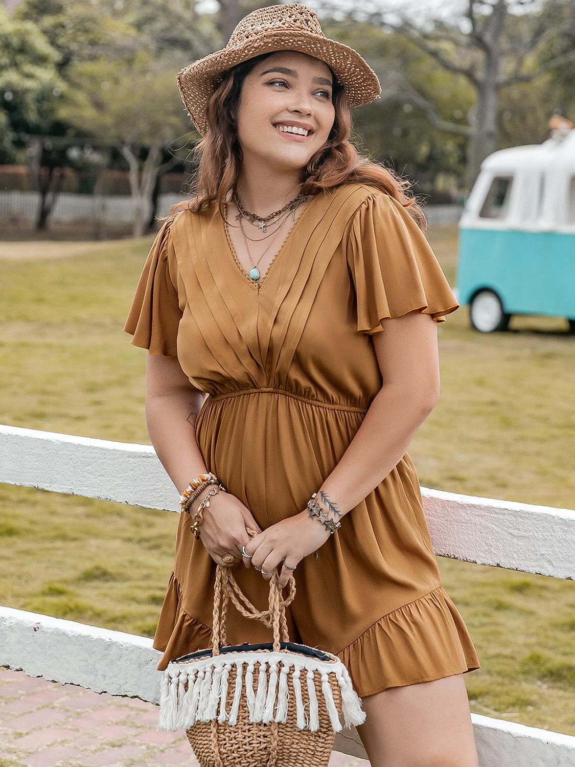 Plus Size Ruffled V-Neck Short Sleeve Romper.