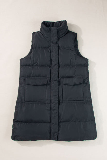 Stylish black longline windproof puffer vest with convenient pockets