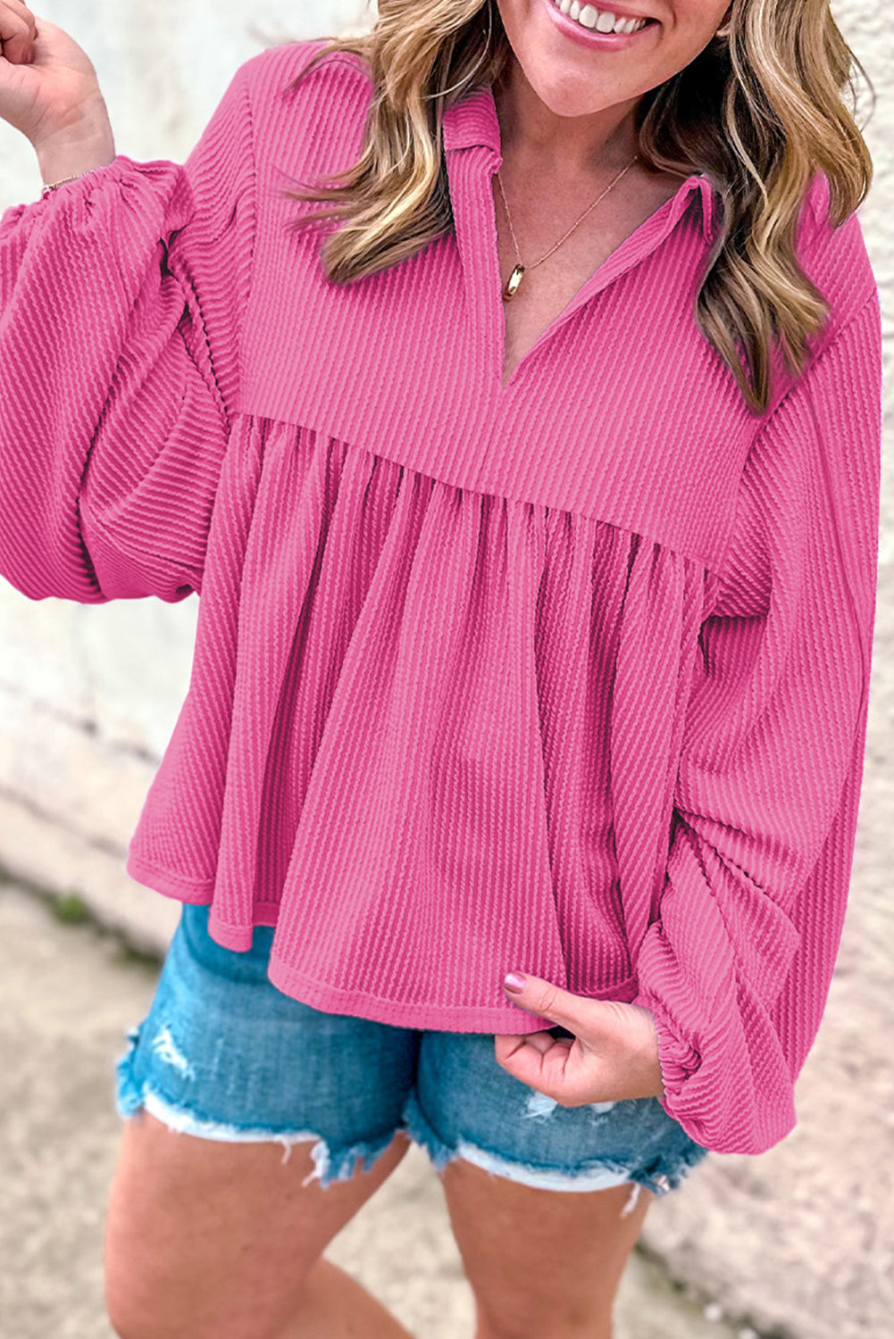 Chic bright pink bubble sleeve babydoll blouse with V-neck and turn-down collar