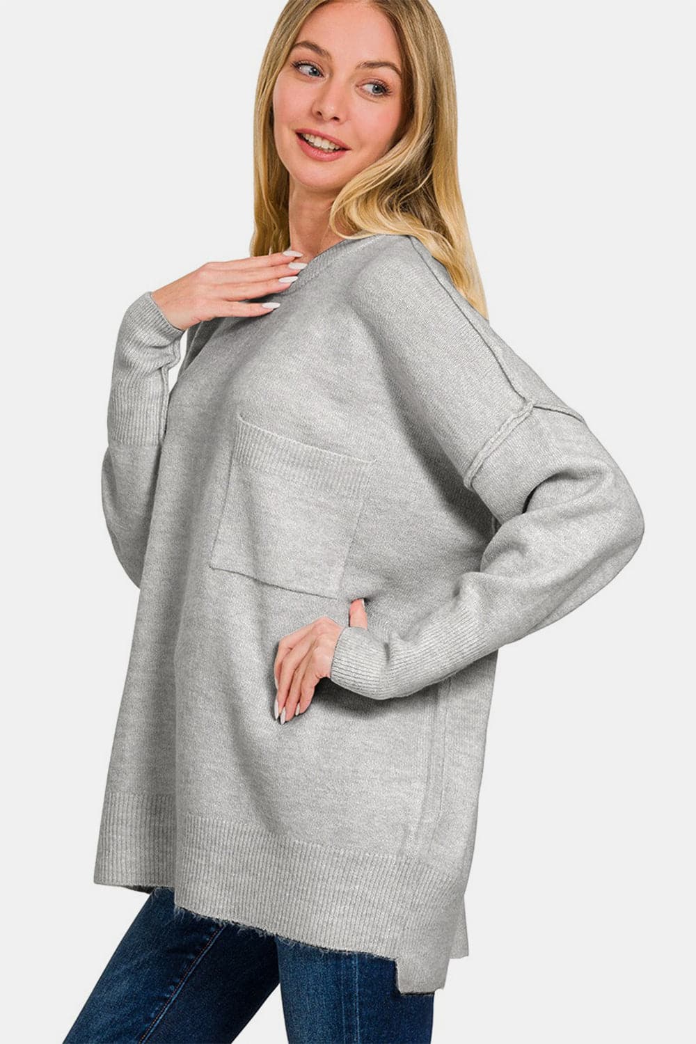 Zenana High-Low Hem Drop Shoulder Sweater.