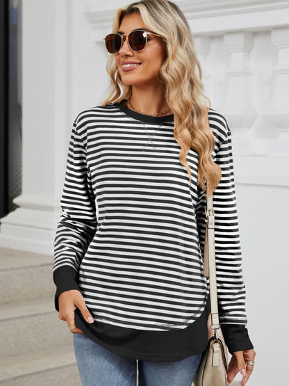 Striped Round Neck Long Sleeve Sweatshirt.