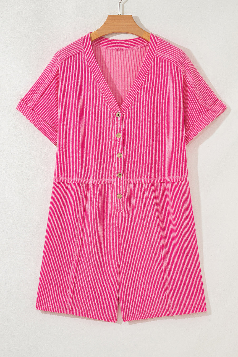 Bright Pink Spiral Ribbed Short Sleeve V Neck Buttoned Romper with Pocket Love Salve