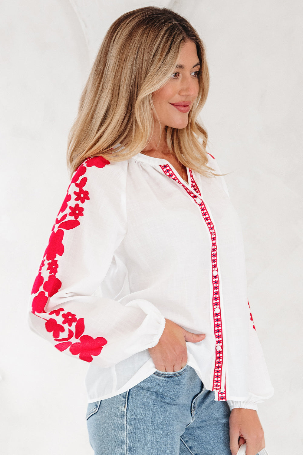 Premium White Floral Embroidered Puff Long Sleeve Casual Shirt Dear-Lover Dropshipping