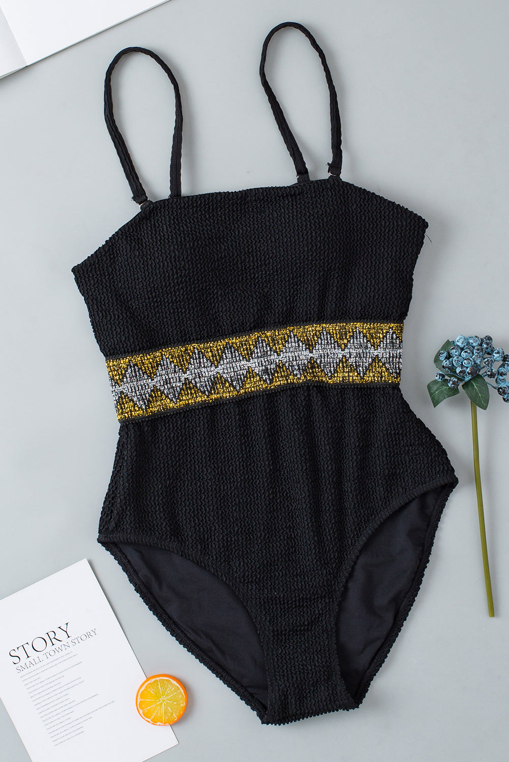 Chic Black Strapless High Waisted Geometric One Piece Swimsuit